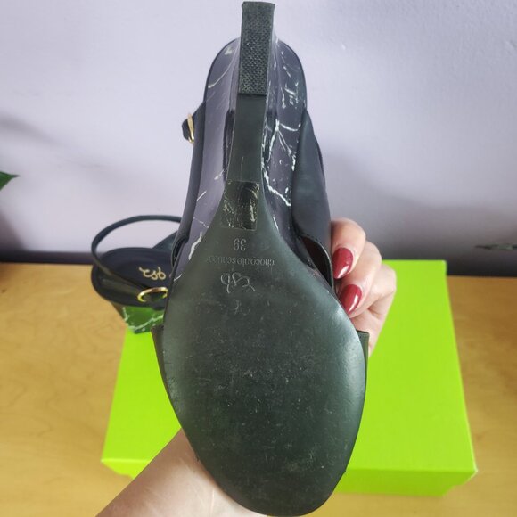 Women's Black Leather With White Marbel Wedges By Chocolate Schubar Size 8 - Picture 2 of 5